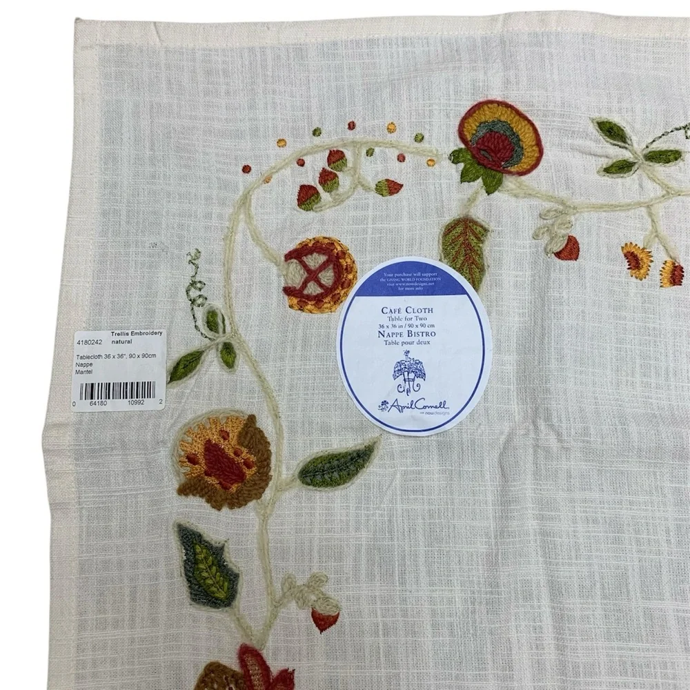 April Cornell Trellis Tea Tablecloth 36x36 Cream Embroidered‎ Cottagecore Boho
